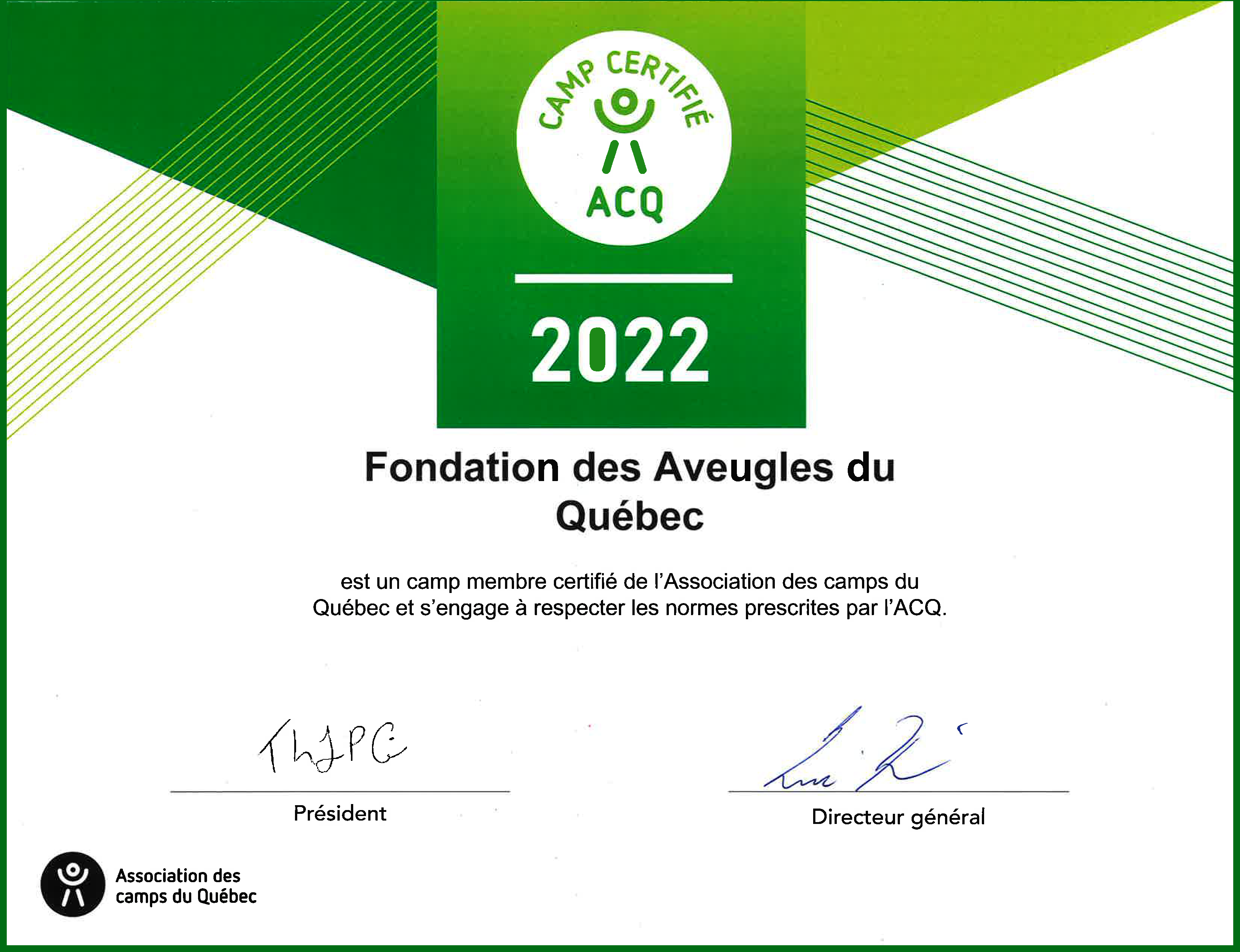 Certificat de la certification de l'ACQ