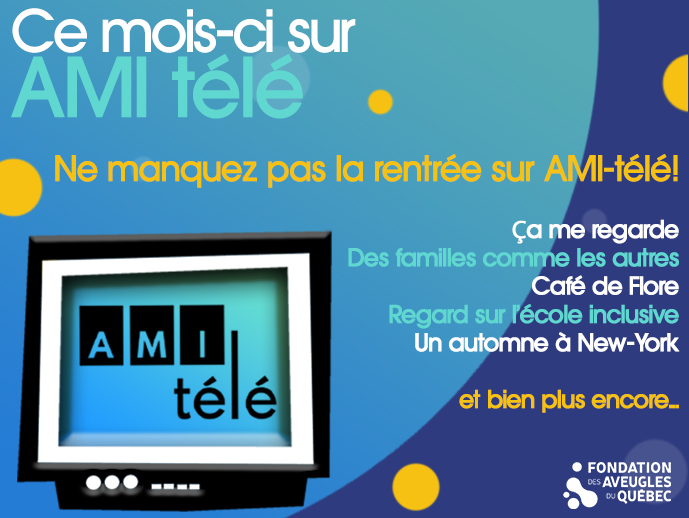 Description de l'image: Montage visuel avec un téléviseur affichant le logo d'AMI-télé ainsi qu'un résumé de la programmation du mois de septembre.
