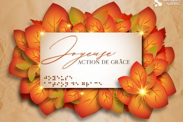 Description de l'image: Joyeuse action de grâce écrit en lettres de fantaisie et en points braille sur un montage de feuilles d'automne colorées.