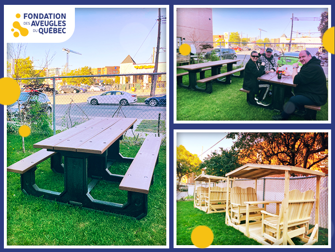 Description de l'image: Montage visuel de 3 photos de nos nouvelles tables et balançoires. Nous pouvons voir des locataires profiter de nos nouvelles tables sur l'une d'entre elles!
