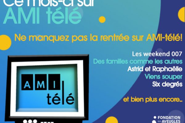 Description de l'image: Montage visuel avec un téléviseur affichant le logo d' AMI-télé ainsi qu'un résumé de la programmation du mois de novembre.