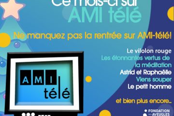 Description de l'image: Montage visuel avec un téléviseur affichant le logo d' AMI-télé ainsi qu'un résumé de la programmation du mois de décembre.