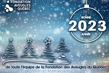 Description de l'image: Montage visuel avec de la neige et des sapins souhaitant une bonne année 2023