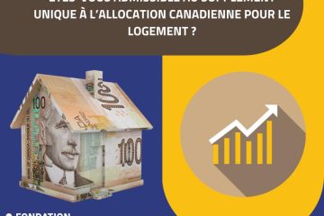 Description de l’image : Montage visuel d’une maison faite de billets de 100 $ canadien sur un fond bleu marin. Sur la droite de l’image, on peut voir un diagramme brun sur un fond jaune. En haut de l’image, on peut lire : « Êtes-vous admissible au supplément unique à l’allocation canadienne pour le logement ? » sur un fond brun.