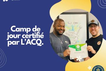 Montage visuel comprenant le texte Camp de jour certifié par l'ACQ avec une photo de Steve Joseph et Alexandre St-Arnaud tenant le certificat 2023 dans leur mains