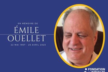 Montage visuel avec une photo de monsieur Émile Ouellet portant la mention En mémoire de Émile Ouellet 27 mai 195 - 25 avril 2023
