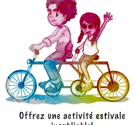 Description de l'image: Deux personnes en vélo tandem avec la mention : Offrez une activité estivale inoubliable!