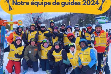 Montage d'une photo de groupe de l'équipe accompagné de Tommy. On peut lire en bleu au haut de l'image : "Notre équipe de guides 2024".