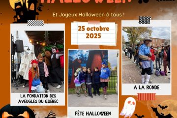 Montage Halloween 2025 de la Fondation des Aveugles du Québec, montrant des personnes déguisées lors d’activités festives, incluant une fête d’Halloween et une sortie à La Ronde.